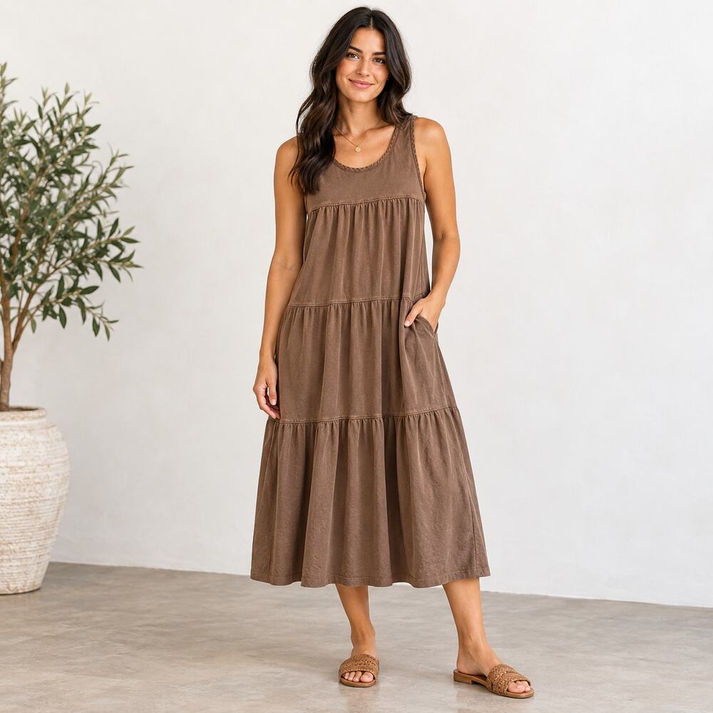 Everlane brown tiered midi cotton dress Small classic comfortable